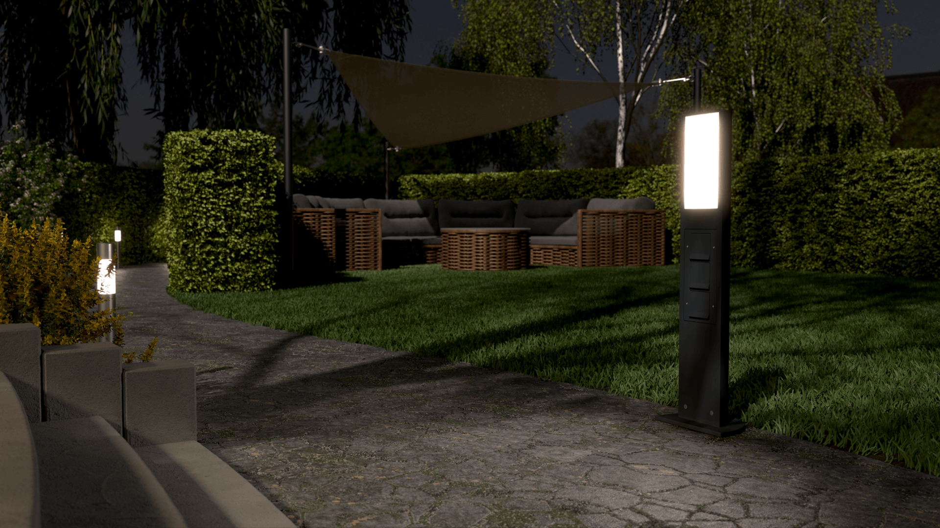 Stroom en licht voor tuin en terras: Gira licht- en energiezuil. ✓ Wandcontactdozen  ✓ Modern design ✓ Weerbestendig.
