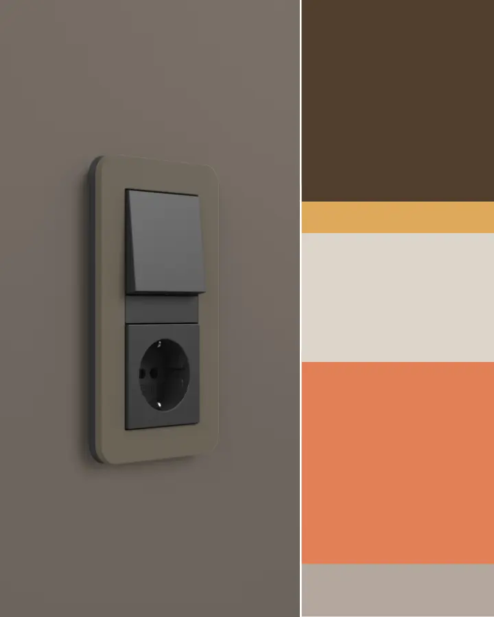 Ein Lichtschalter vor einer dunkelbraunen Wand, daneben sind die Trendfarben 2025 in Braun-, Beige- und Orangetönen als Streifen dargestellt.