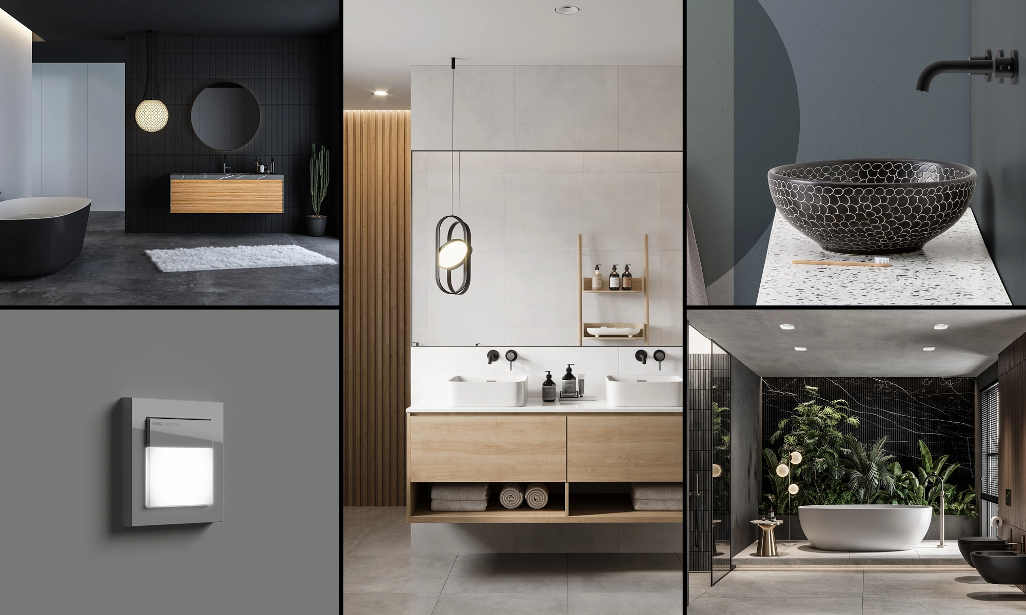 Verschiedene Badezimmerdesigns zeigen aktuelle Badezimmertrends mit minimalistischen und naturinspirierten Elementen.
