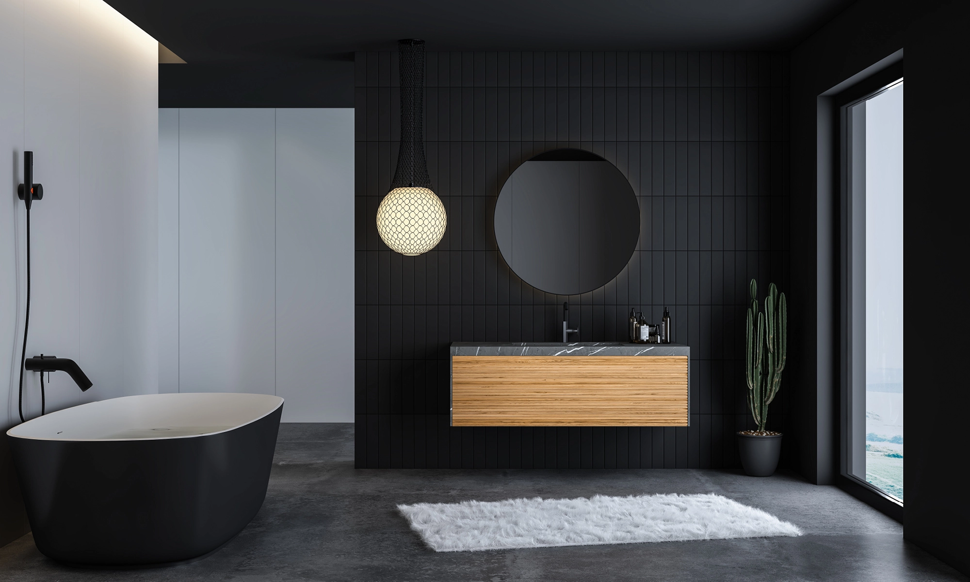 Ein minimalistisches Badezimmer in Mattschwarz mit einem Kontrast aus hellem Holz zeigt moderne Badezimmertrends.