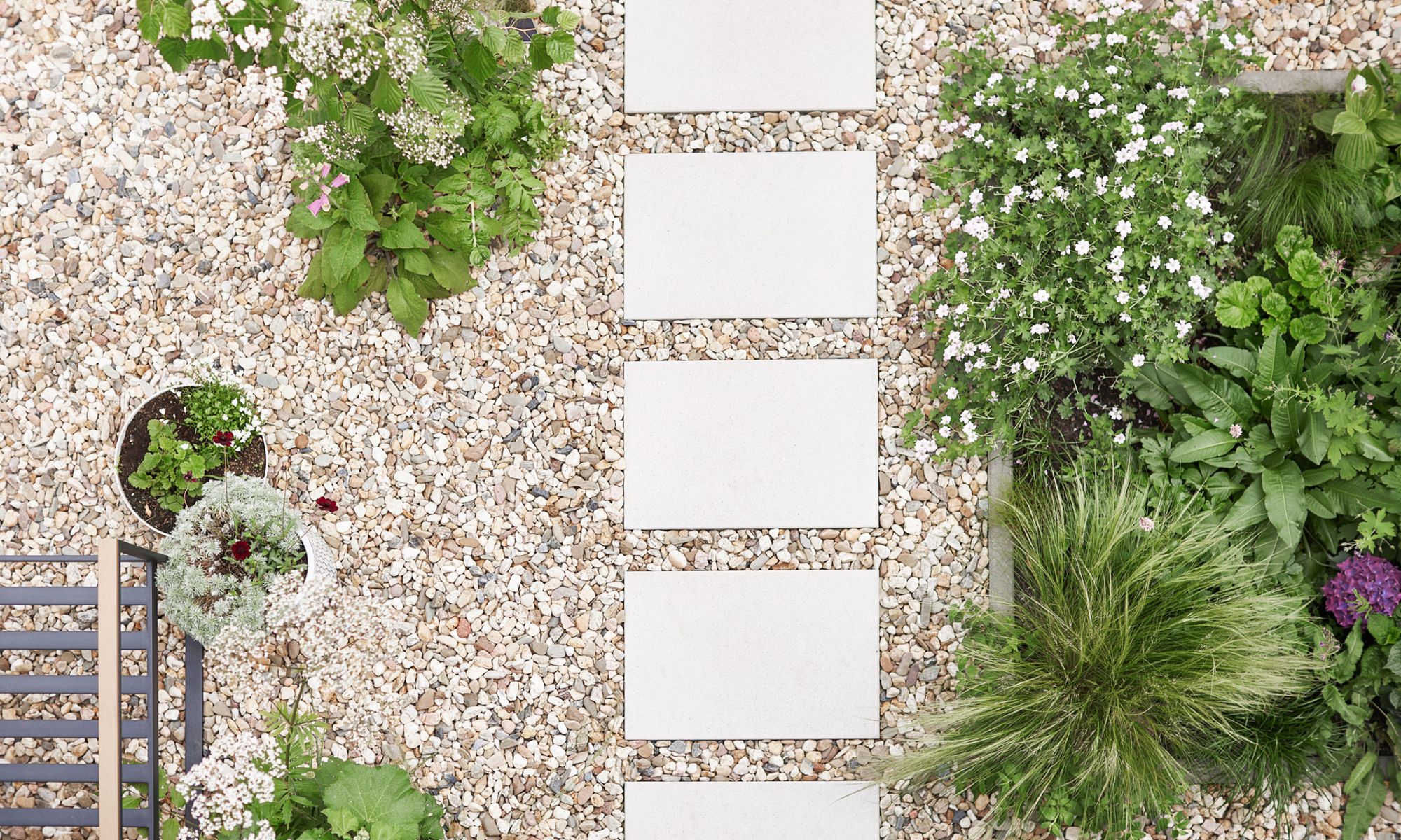 Quadratische Steinplatten bilden einen Weg durch einen mit Kies und verschiedenen Pflanzen gestalteten Vorgarten.