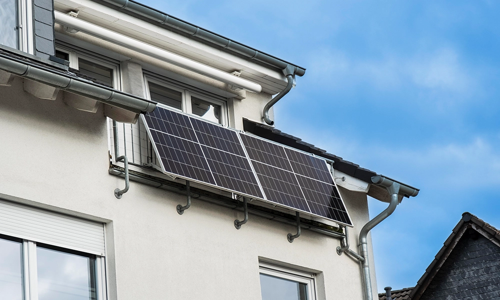 Ein Balkonkraftwerk mit zwei Solarpanels ist an einem Balkon eines Wohnhauses montiert, um Sonnenenergie zu erzeugen.