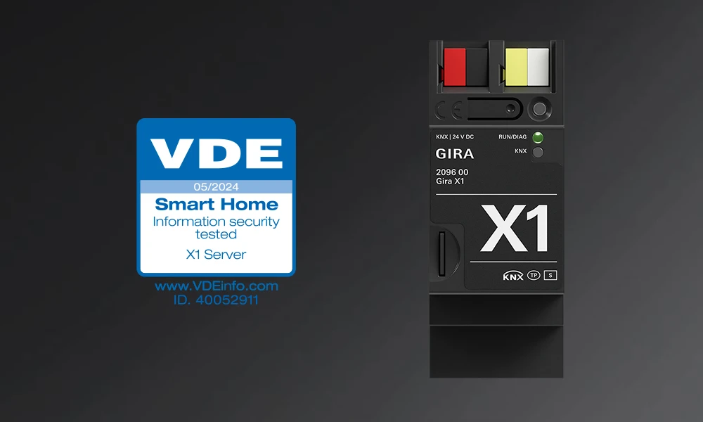 The Gira X1 KNX server is displayed next to a VDE certification logo for smart home information security, from May 2024.