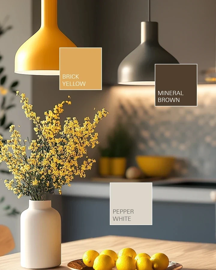 Ein stilvolles Kücheninterieur, das die Trendfarben 2025 wie Brick Yellow, Mineral Brown und Pepper White in der Dekoration und Beleuchtung zeigt, mit Farbbeschriftungen.