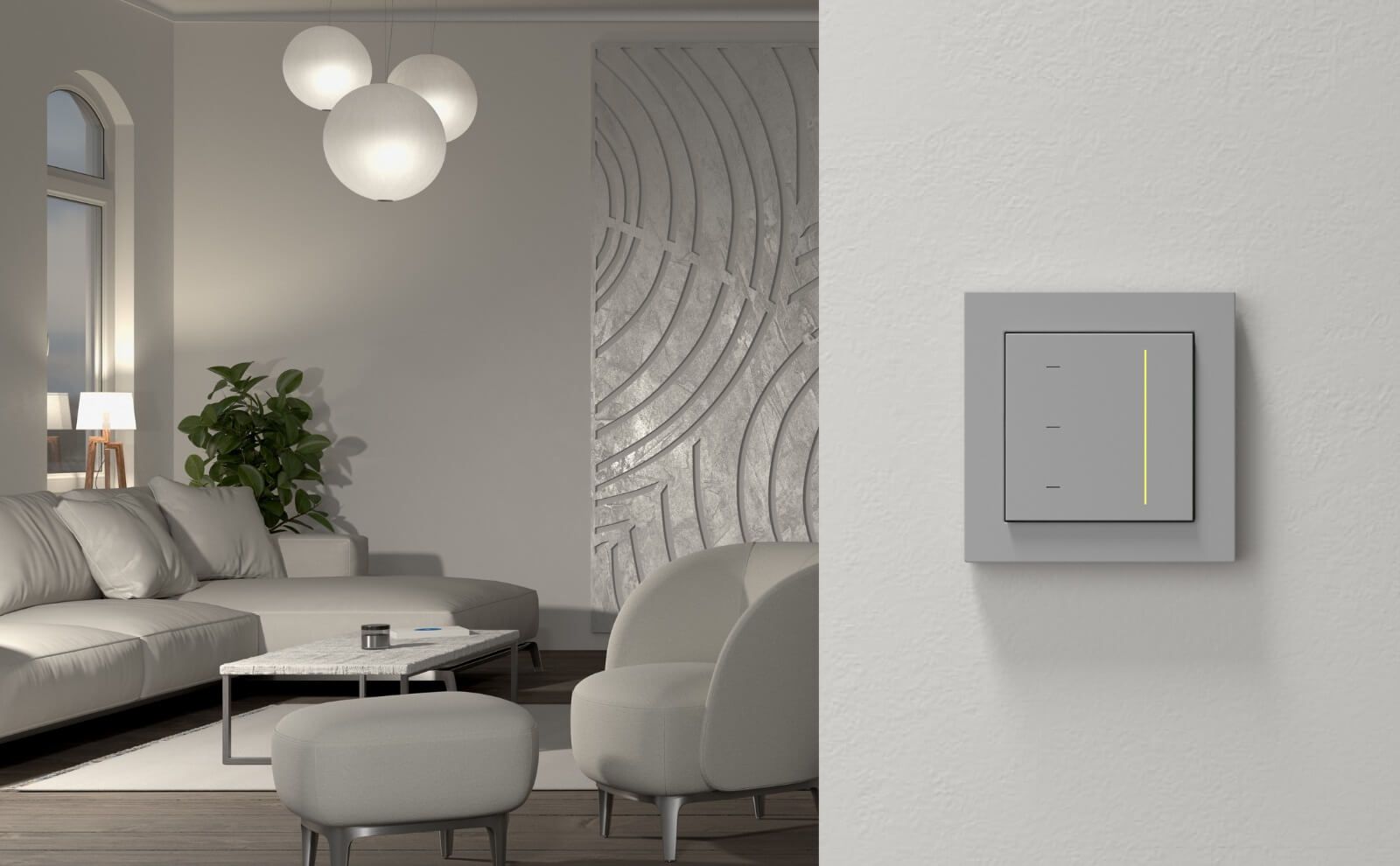 smarter Touchaufsatz in Grau matt an Wohnzimmerwand