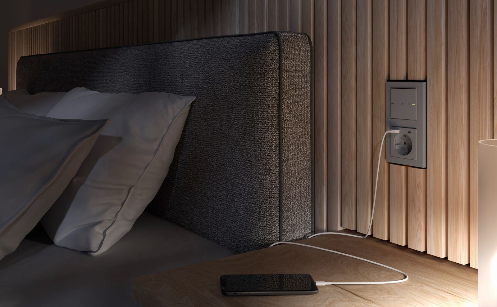 Gira Tastsensor 4 System 55 mit USB-Steckdose in Grau matt, Schlafzimmmer