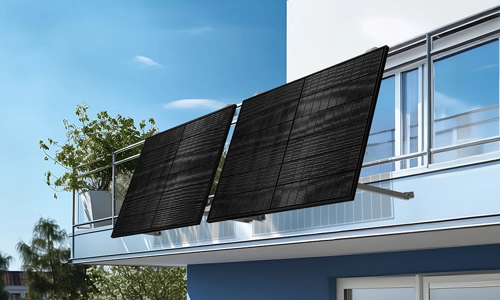 Zwei schwarze Solarpanels sind an einem Balkongeländer eines modernen Wohnhauses befestigt und neigen sich zur Sonne.