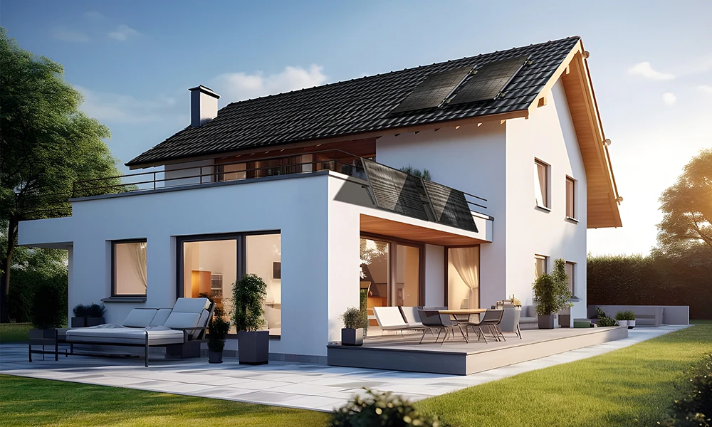 Modernes Einfamilienhaus mit Balkonkraftwerk und Dach-Solaranlage – die optimale Kombination für umweltfreundliche Energiegewinnung im Eigenheim.